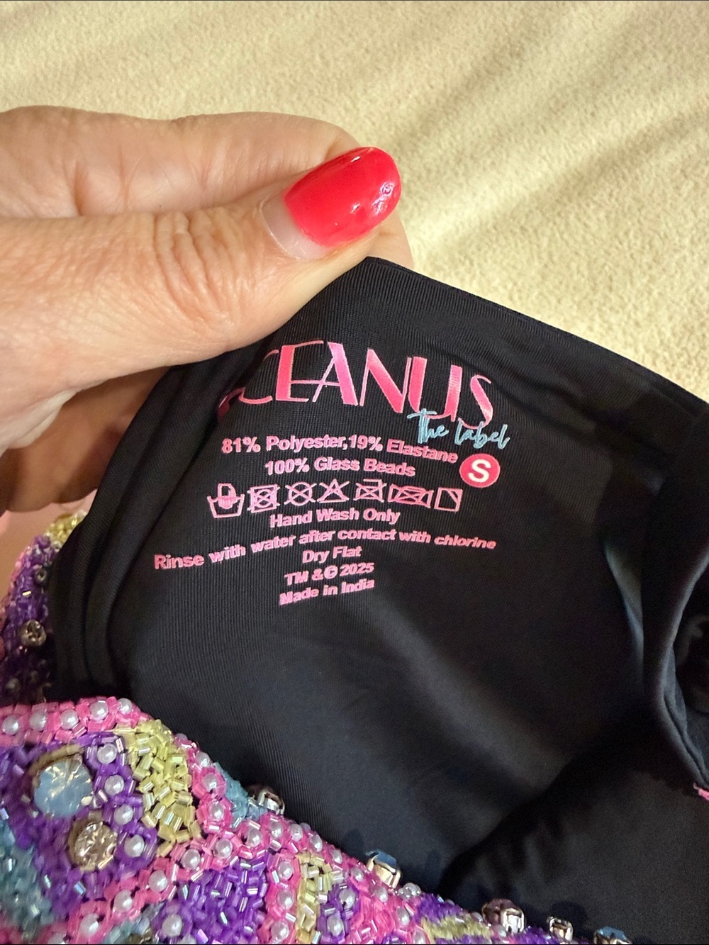 Oceanus goddess new Black One-Piece Swimsuit with Pink Beaded Starfish Accents - Picture 9 of 11